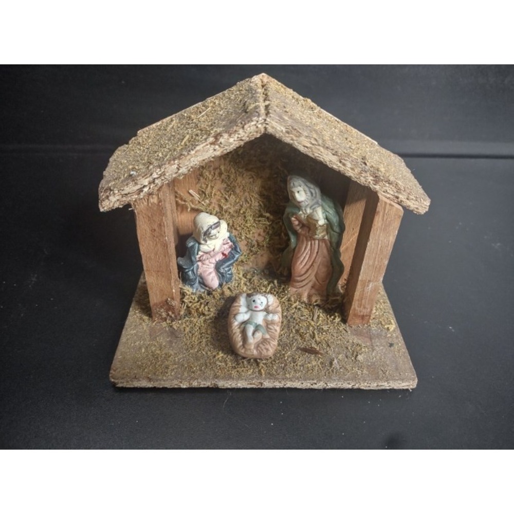 Vintage Mini Nativity Scene Stable Set Wood Manger Holy Family Figurines